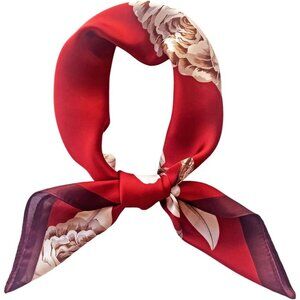Silk Feel 03 Red Floral Edge Satin Square Head Scarf for Women Medium 28 Inch